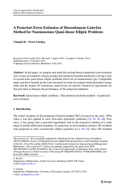 (PDF) A Posteriori Error Estimates of Discontinuous Galerkin Method for ...