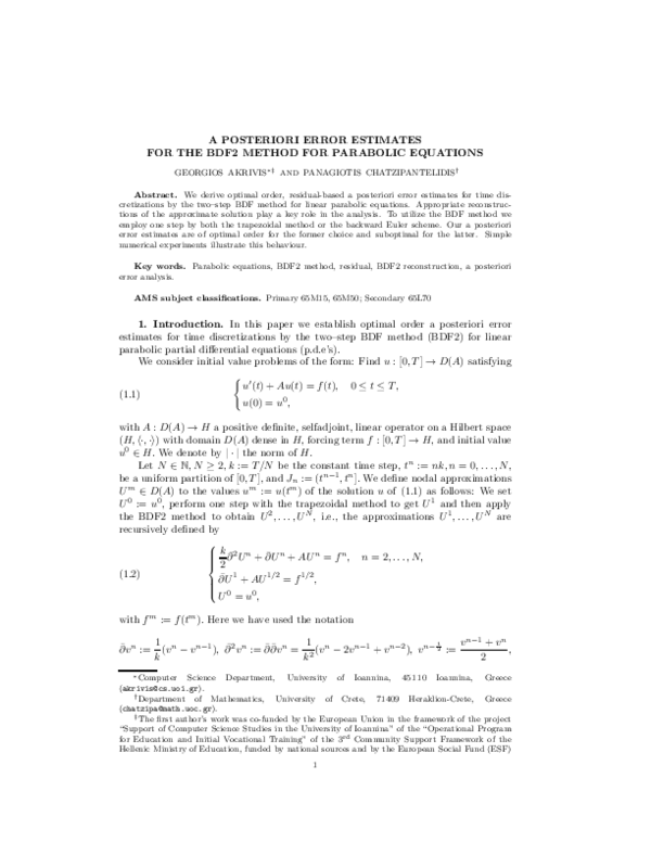 (PDF) A Posteriori Error Estimates for the BDF 2 Method for Parabolic ...