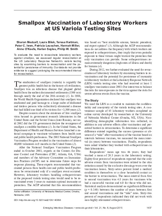 (PDF) Smallpox Vaccination of Laboratory Workers at US Variola Testing ...