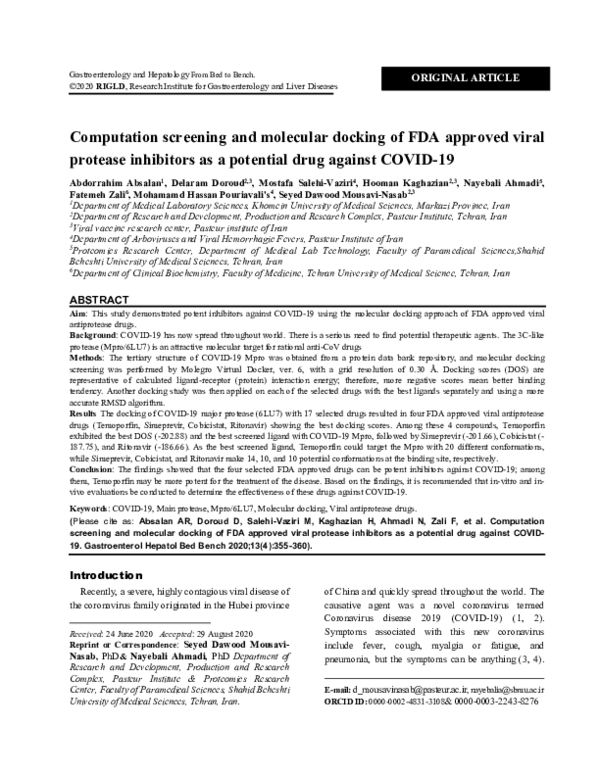 (PDF) Computation screening and molecular docking of FDA approved viral ...