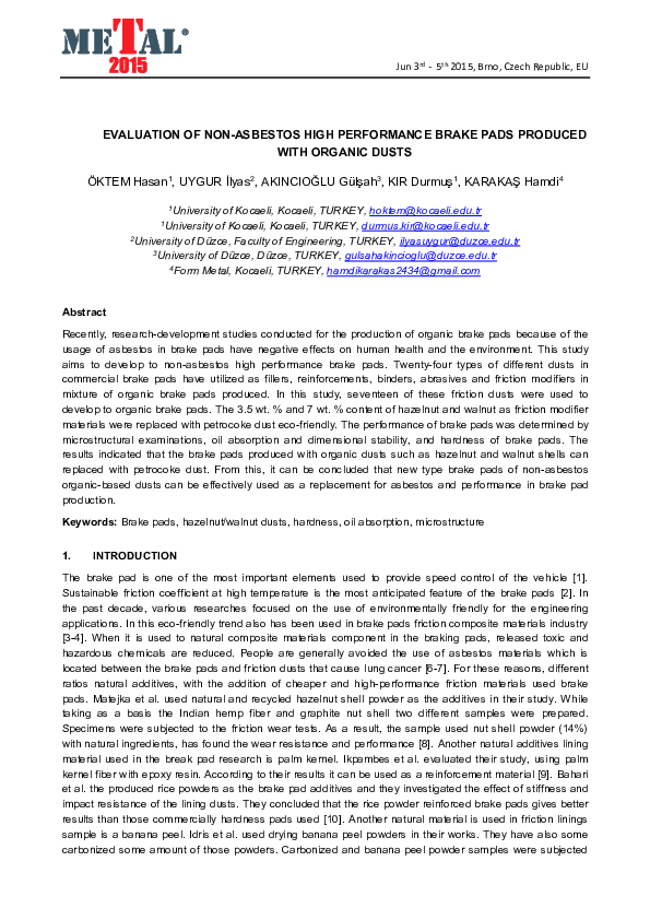 (PDF) Evaluation of Non-Asbestos High Performance Brake Pads Produced ...