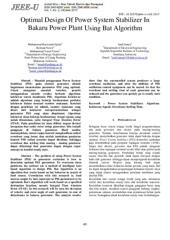 (PDF) Optimal Design of Power System Stabilizer In Bakaru Power Plant ...