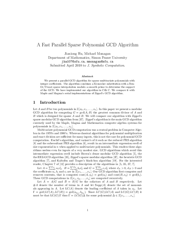 (PDF) A Fast Parallel Sparse Polynomial GCD Algorithm