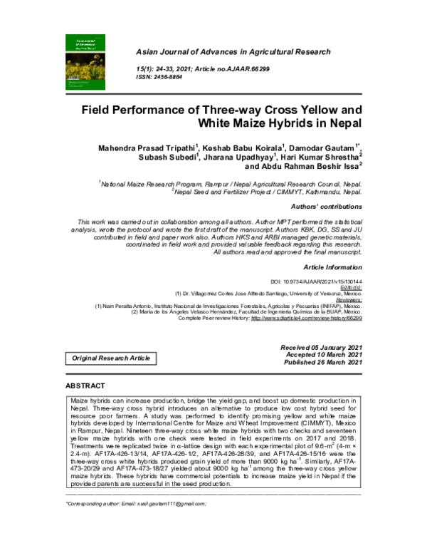 (PDF) Field Performance of Three-way Cross Yellow and White Maize ...