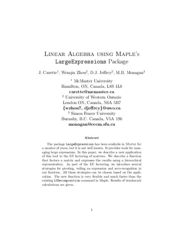 (PDF) Linear Algebra using Maple’s LargeExpressions Package
