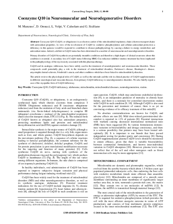 (PDF) Coenzyme Q10 in neuromuscular and neurodegenerative disorders