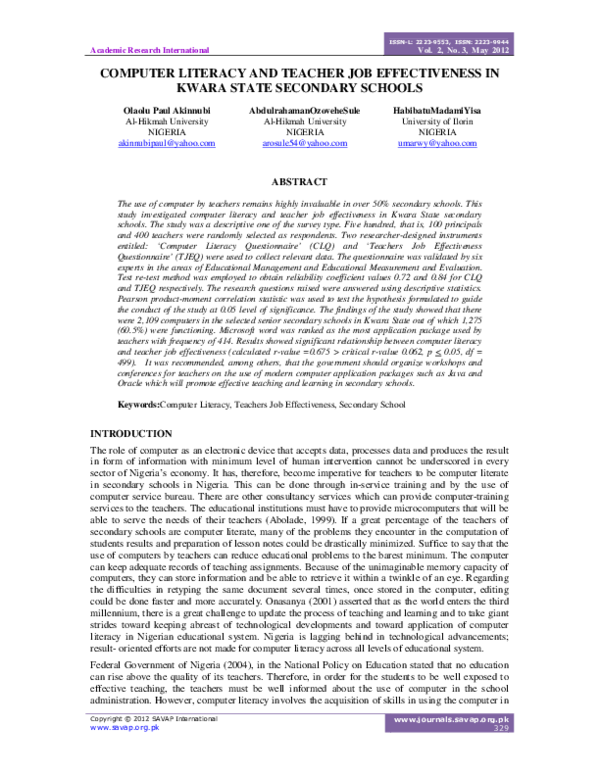 (PDF) Computer Literacy and Teacher Job Effectiveness in Kwara State ...