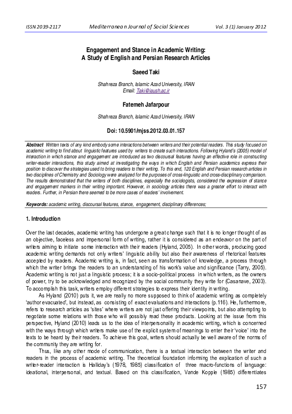 (PDF) Engagement and Stance in Academic Writing: A Study of English and ...