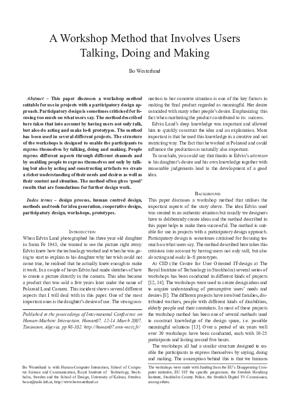 (PDF) A Workshop Method that Involves Users Talking, Doing and Making