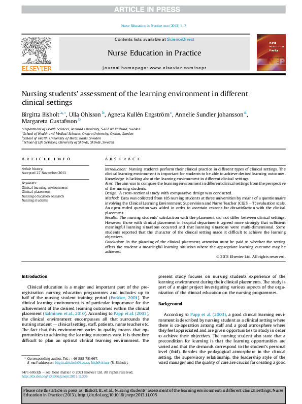 (PDF) Nursing students' assessment of the learning environment in ...