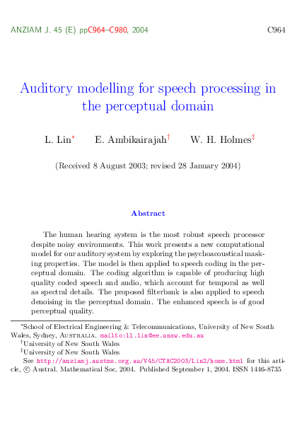 (PDF) Auditory modelling for speech processing in the perceptual domain