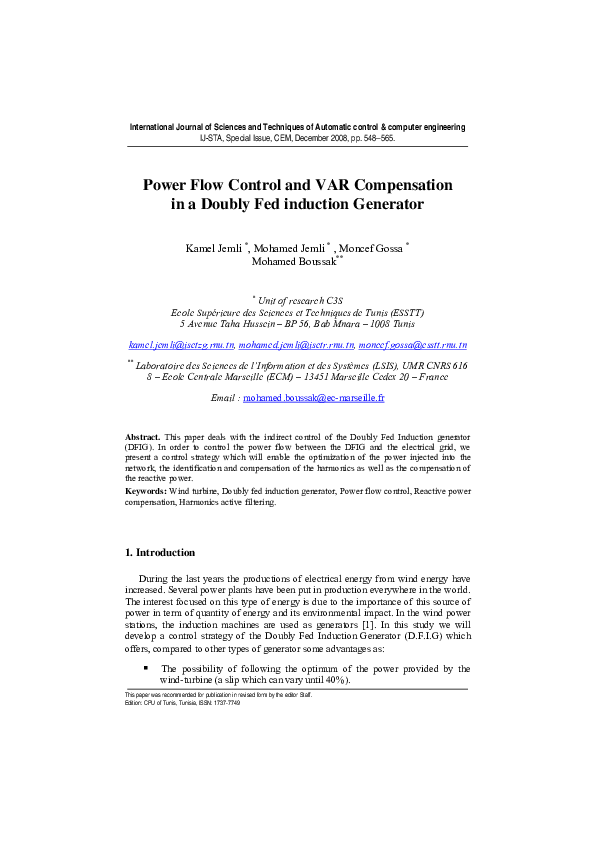 (PDF) Power Flow Control and VAR Compensation in a Doubly Fed induction ...