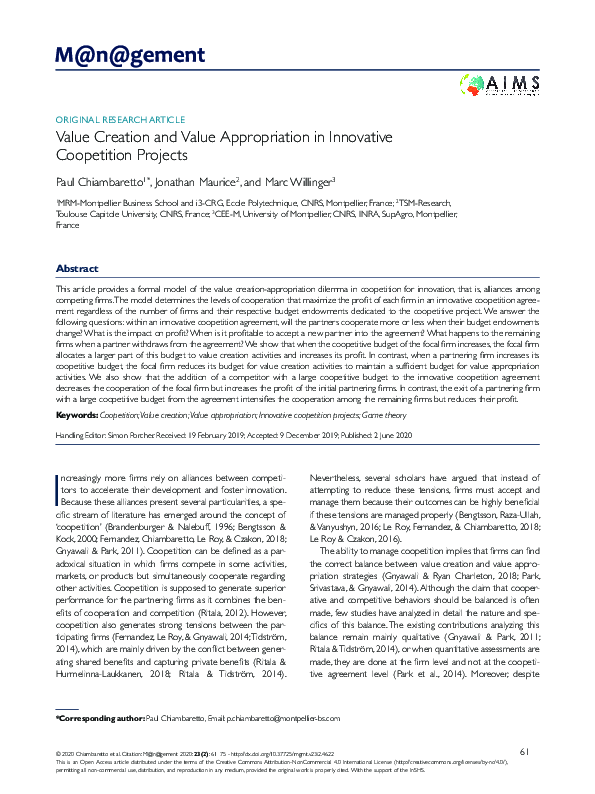  pdf value creation and value appropriation in innovative coopetition