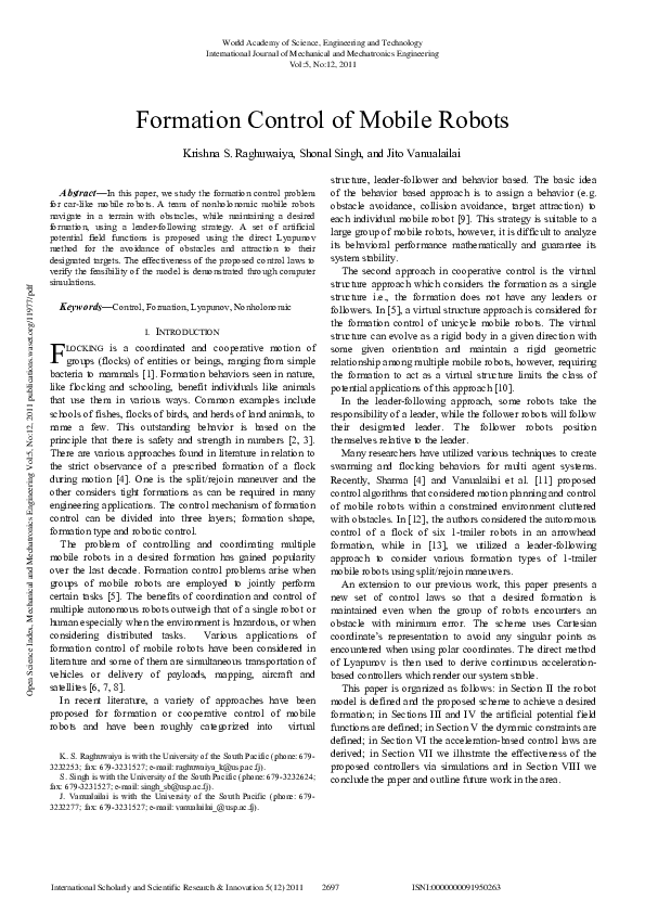 (PDF) Formation control of mobile robots