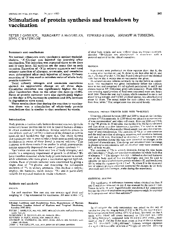 (PDF) Stimulation of protein synthesis and breakdown by vaccination