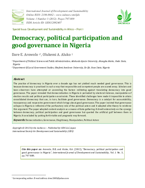 (PDF) Democracy , political participation and good governance in Nigeria