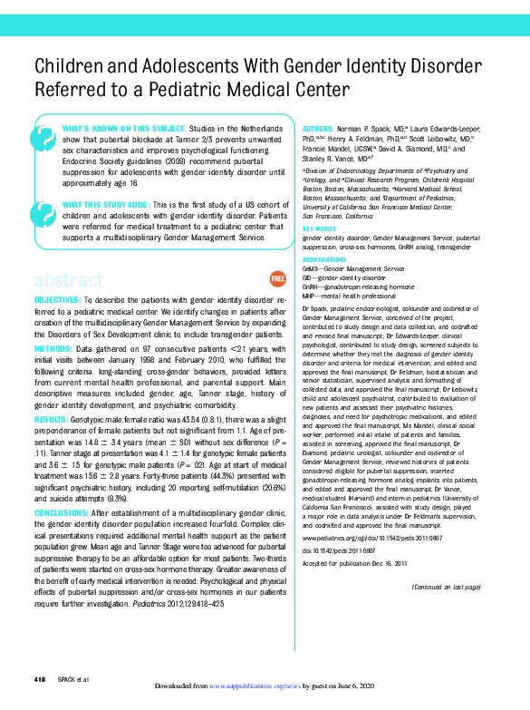 (PDF) Children and adolescents with gender identity disorder referred ...