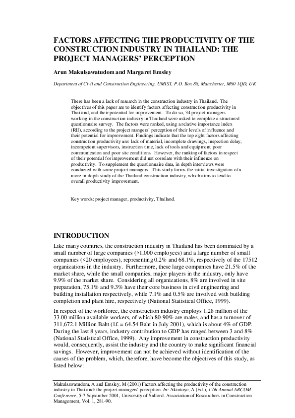 (PDF) Factors affecting the productivity of the construction industry ...
