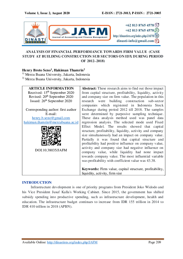 (PDF) Analysis of Financial Performance Towards Firm Value (Case Study ...