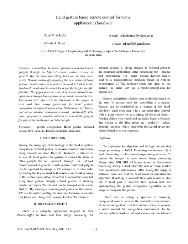 (PDF) Hand gesture based remote control for home appliances: Handmote