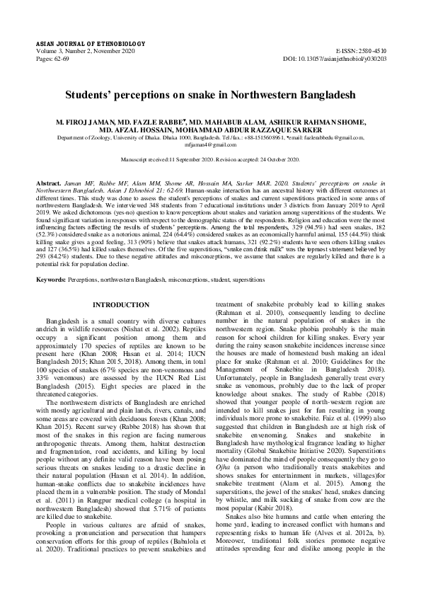 (PDF) Students’ perceptions on snake in Northwestern Bangladesh