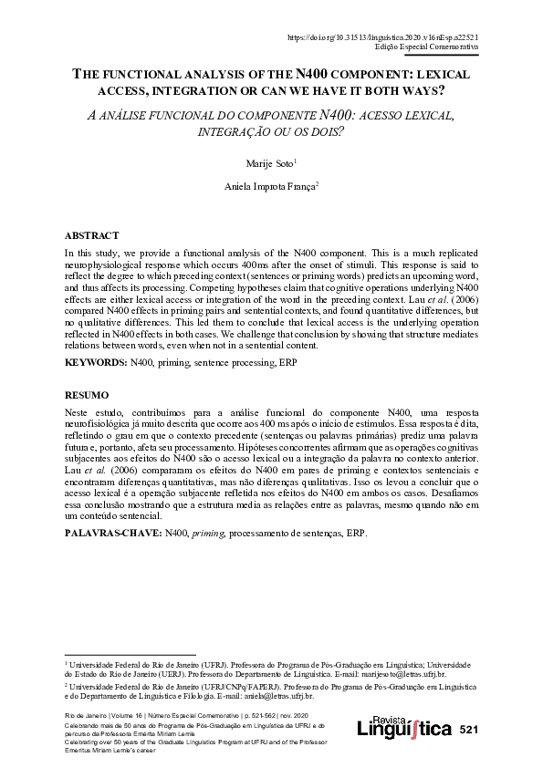 (PDF) The functional analysis of the N400 component: lexical access ...