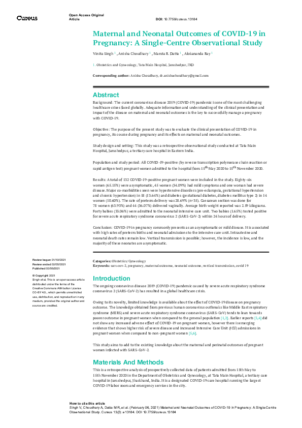 (PDF) Maternal and Neonatal Outcomes of COVID-19 in Pregnancy: A Single ...