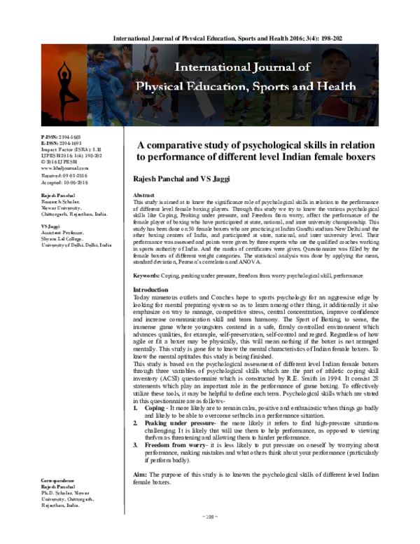 A comparative study of psychological skills in relation to performance of different level Indian female boxers
