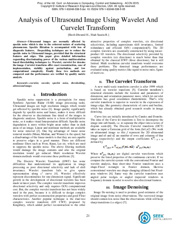 (PDF) Analysis of Ultrasound Image Using Wavelet And Curvelet Transform