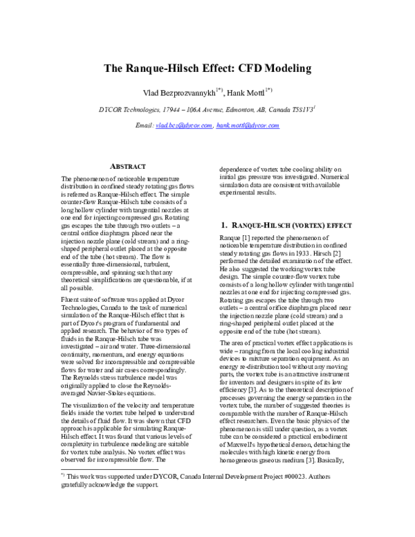 (PDF) The Ranque-Hilsch Effect: CFD Modeling