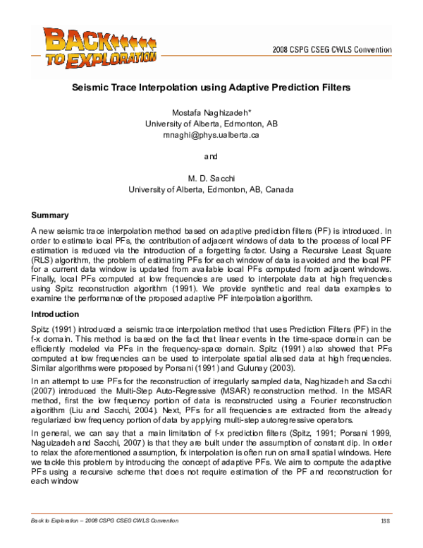 (PDF) Seismic Trace Interpolation using Adaptive Prediction Filters