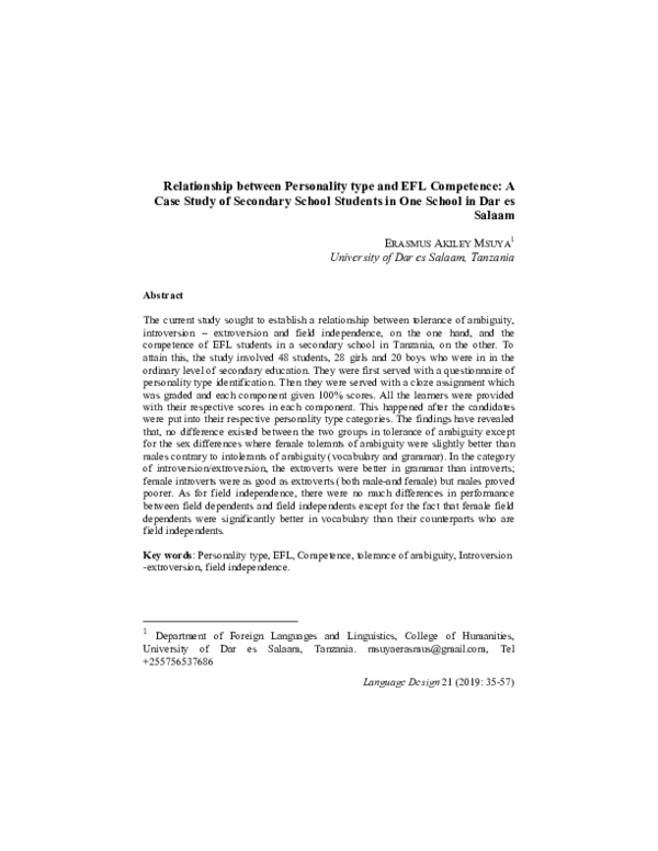 (PDF) Relationship between Personality type and EFL Competence: A Case ...