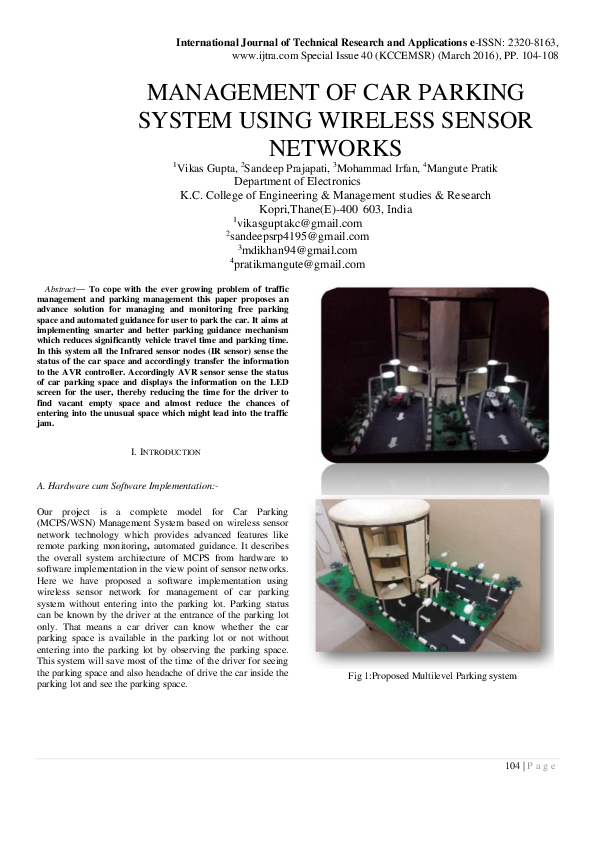 (PDF) Management of Car Parking System Using Wireless Sensor Networks