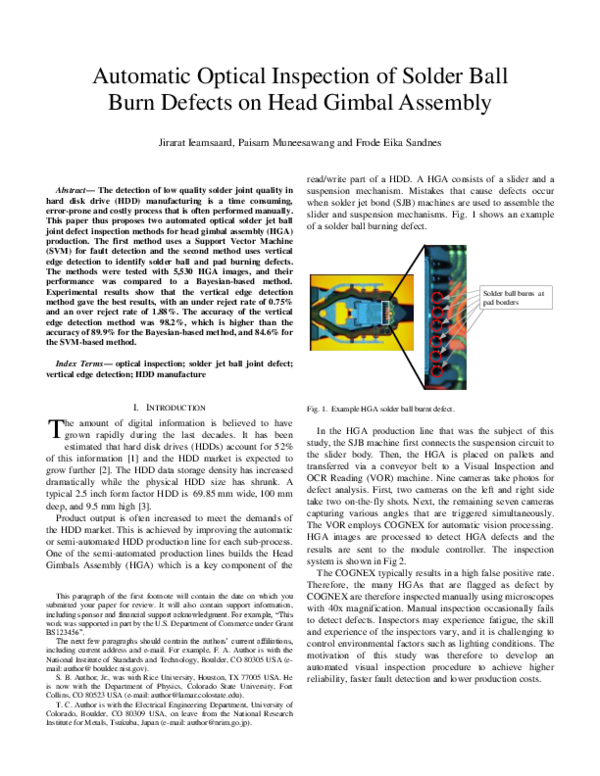 (PDF) Automatic Optical Inspection of Solder Ball Burn Defects on Head