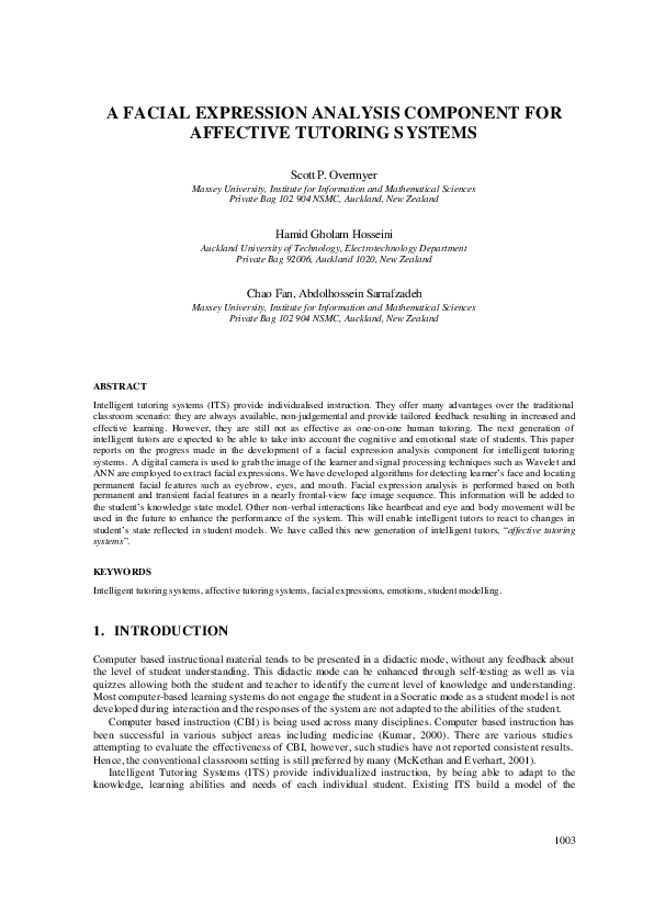 (PDF) A Facial Expression Analysis Component for Affective Tutoring Systems