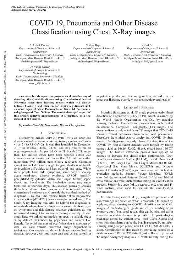 (PDF) COVID 19, Pneumonia and Other Disease Classification using Chest ...
