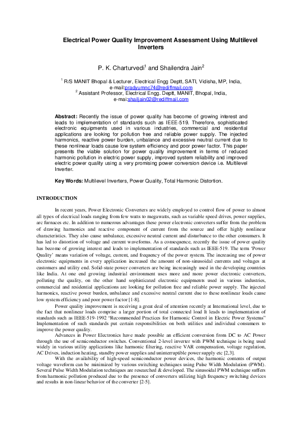 (PDF) Electrical Power Quality Improvement Assessment Using Multilevel ...