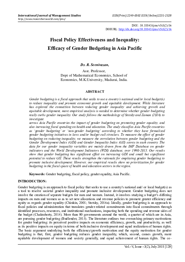 (PDF) Fiscal Policy Effectiveness and Inequality: Efficacy of Gender ...