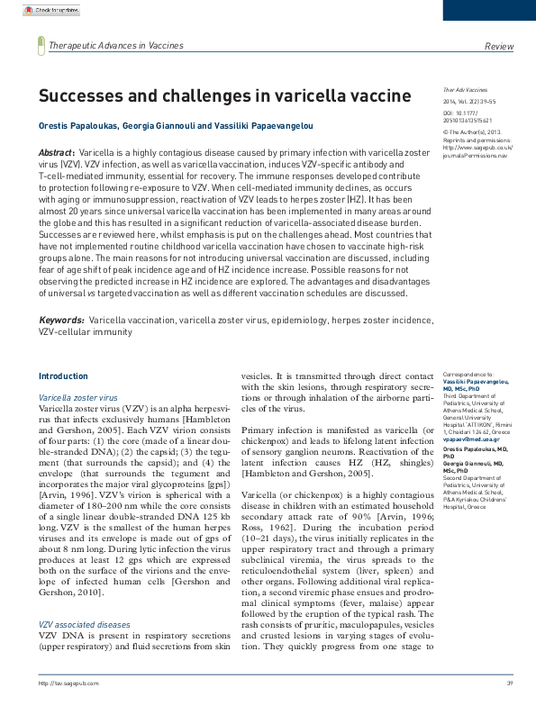 (PDF) Successes and challenges in varicella vaccine