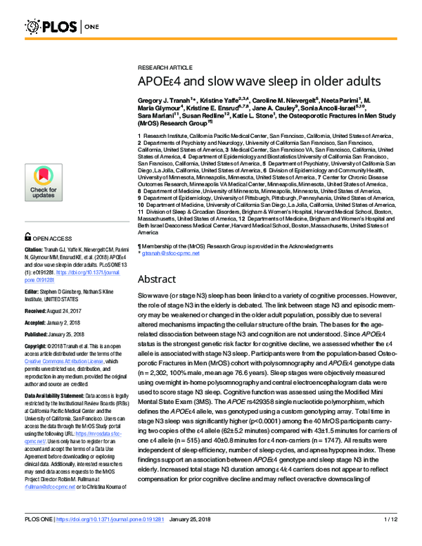 (PDF) APOEε4 and slow wave sleep in older adults