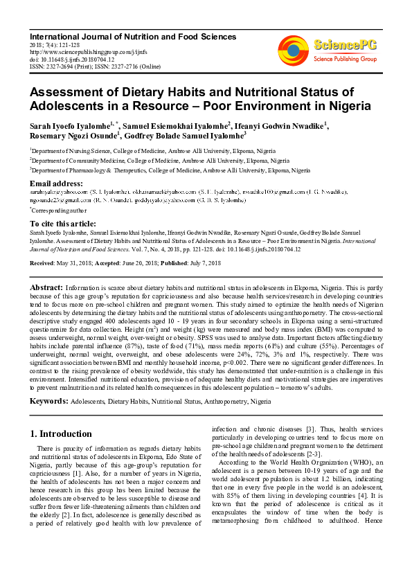 (PDF) Assessment of Dietary Habits and Nutritional Status of ...