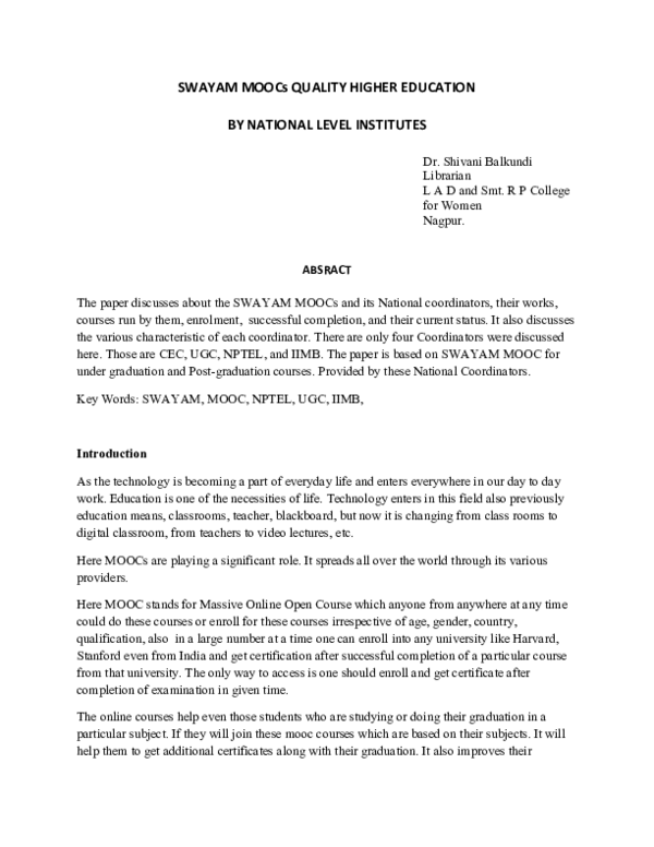 (DOC) Swayam Moocs Quality Higher Education By National Level Institutes