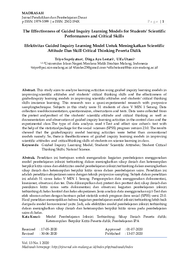 (PDF) The Effectiveness of Guided Inquiry Learning Models for Students ...