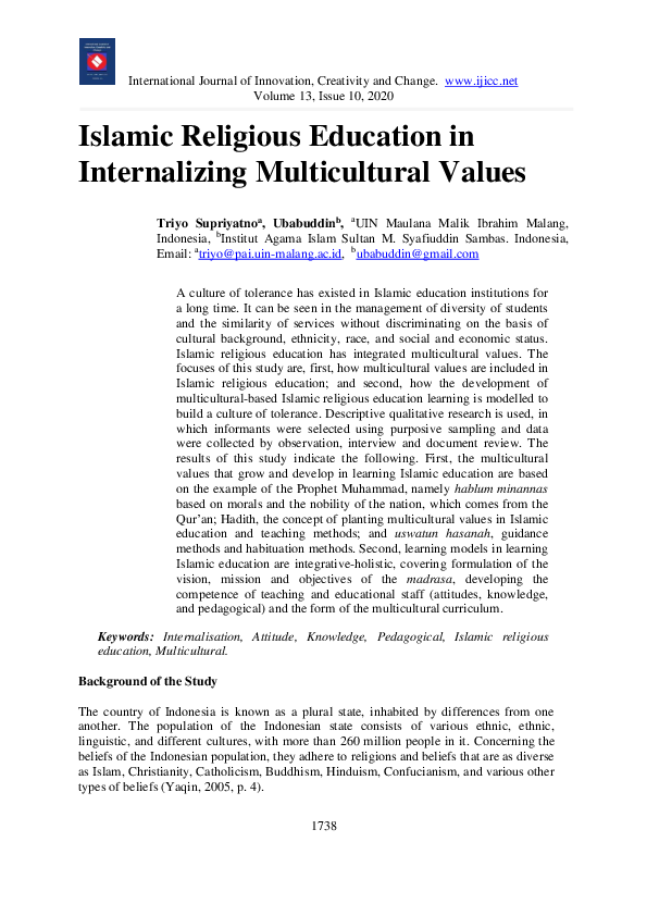 (PDF) Islamic Religious Education in Internalizing Multicultural Values