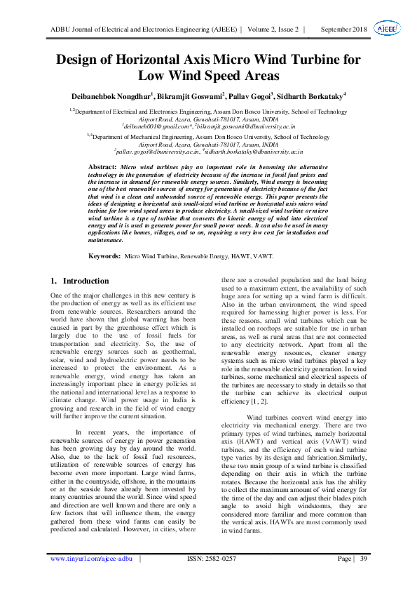 (PDF) Design of Horizontal Axis Micro Wind Turbine for Low Wind Speed Areas