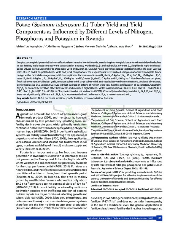 (PDF) Potato (Solanum tuberosum L.) Tuber Yield and Yield Components as ...