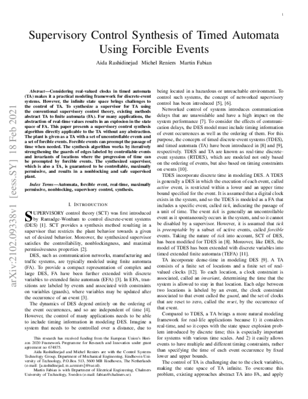 (PDF) Supervisory Control Synthesis of Timed Automata Using Forcible Events