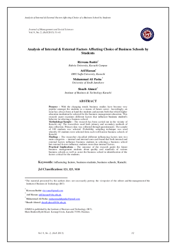 (PDF) Analysis of Internal & External Factors Affecting Choice of ...