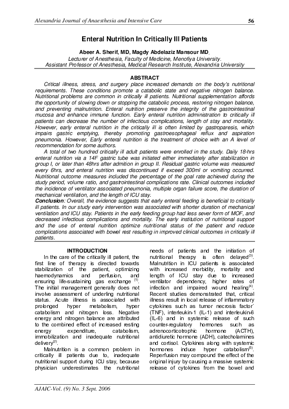(PDF) Enteral Nutrition In Critically Ill Patients
