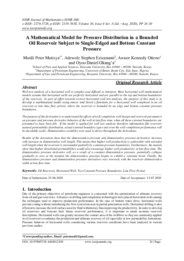 (PDF) A Mathematical Model for Pressure Distribution in a Bounded Oil ...